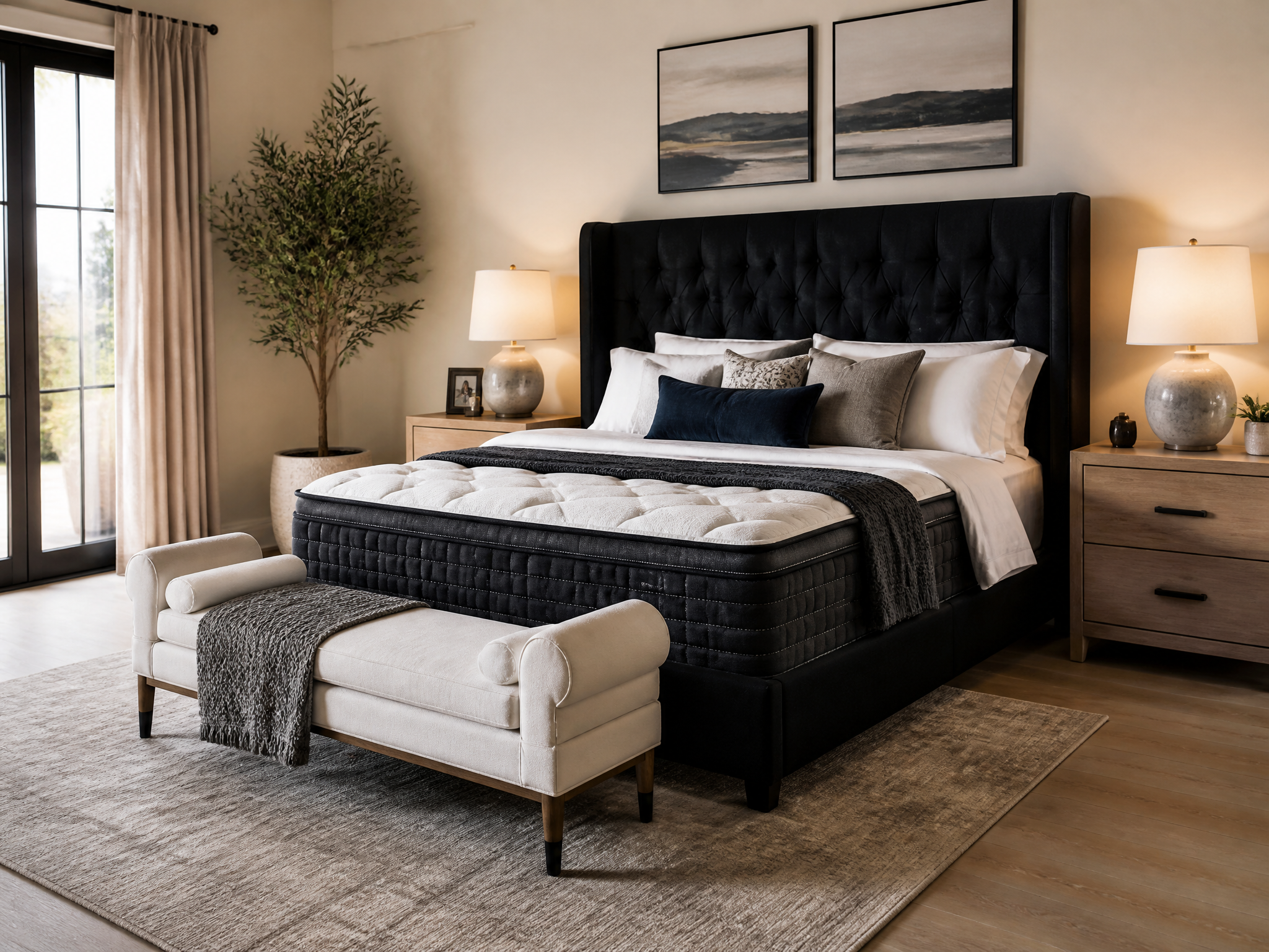 Elegant Scottsdale master bedroom with a black tufted headboard, premium Bed DRS mattress, upholstered bench and warm lamp lighting